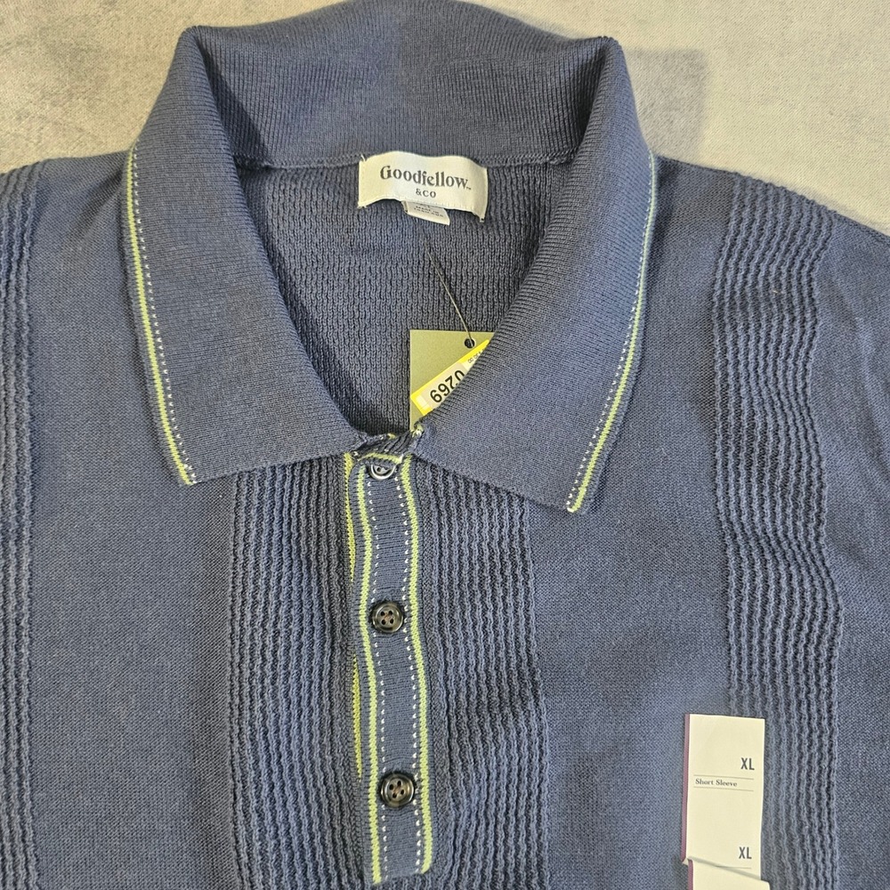 Goodfellow & Co Mens XL Navy Blue Knit Polo Shirt Lime Green Tipped Textured XL